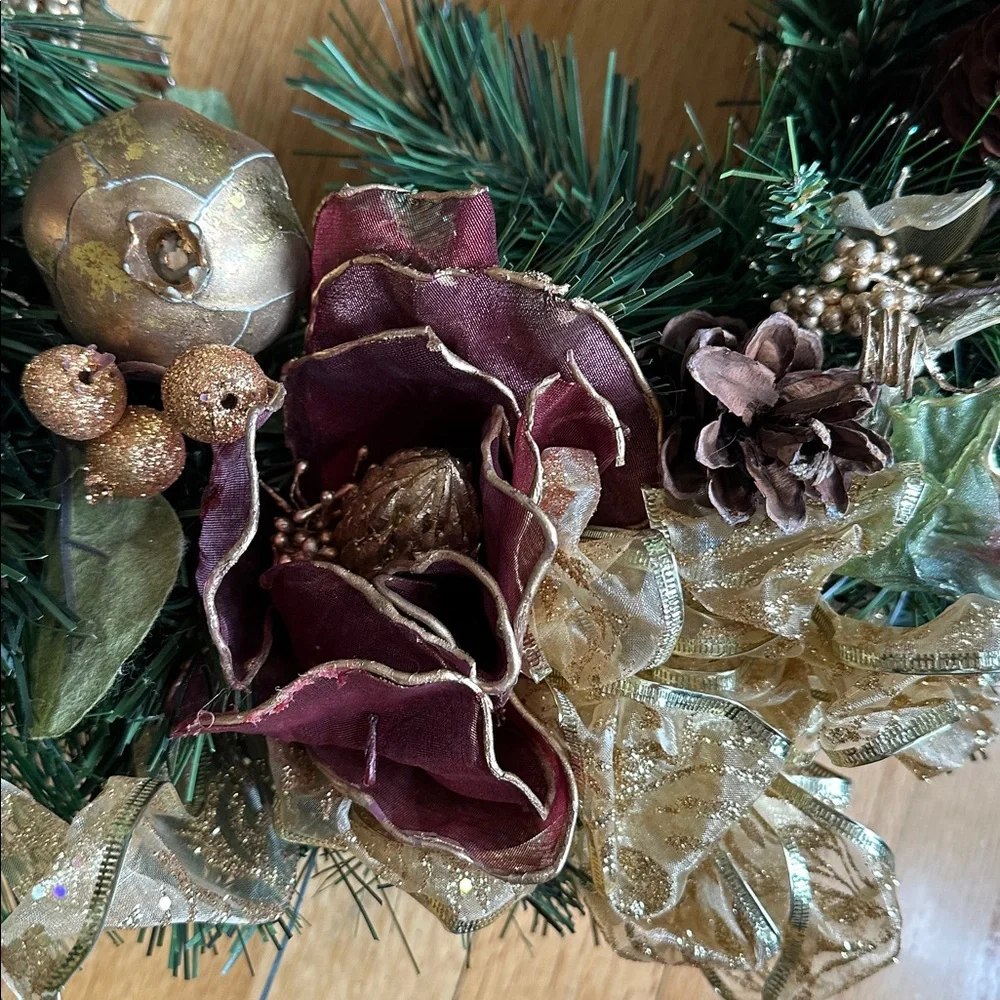 Handcrafted Gold and Wine Red Holiday Wreath